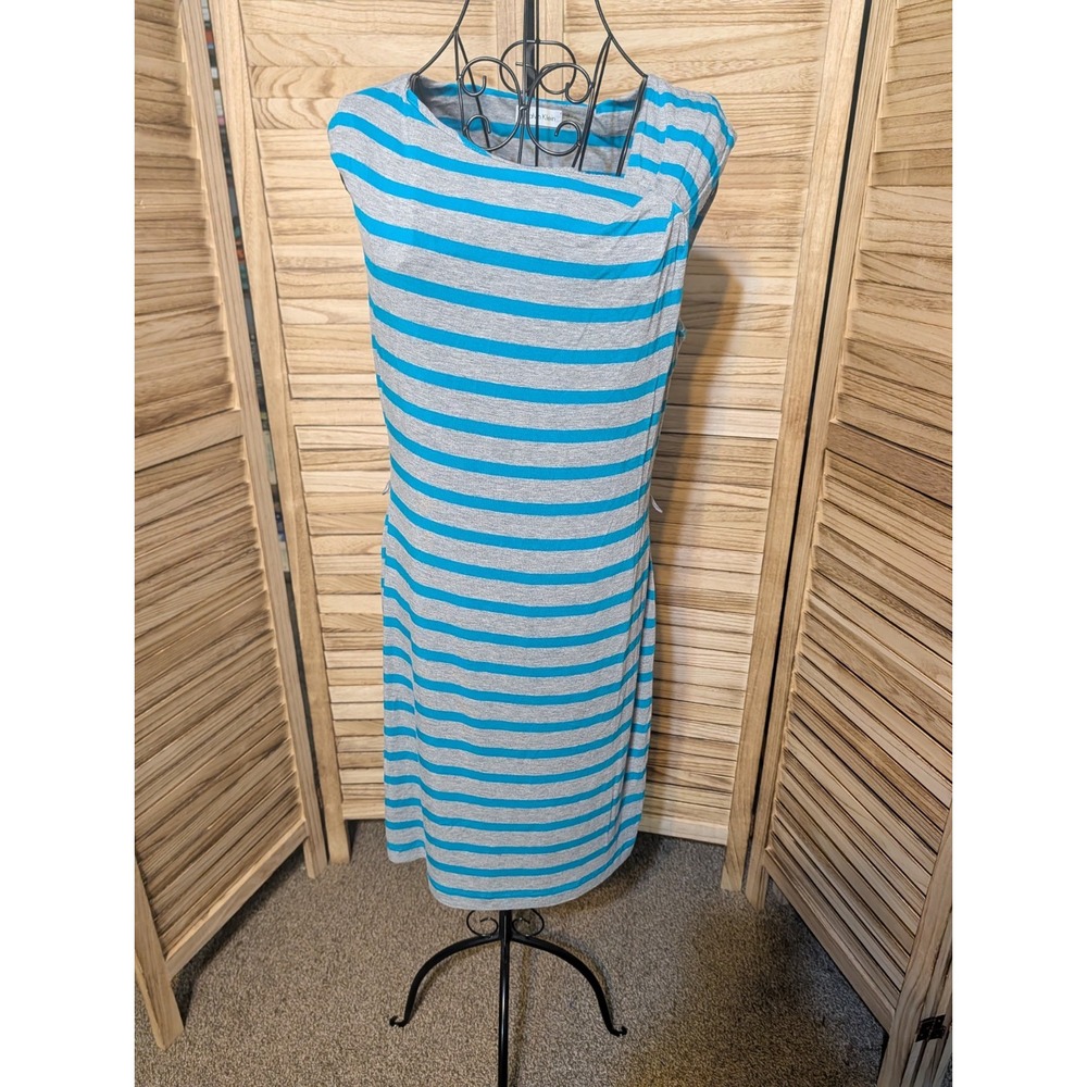CALVIN KLEIN T-Shirt Style Dress Womens Sz 10 Gray Blue Stripe Cap Sleeve Slinky